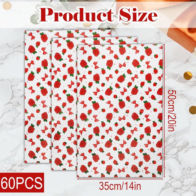 Ethanberg 60 Sheets Gift Wrapping Tissue Paper Bulk, Red Rose Bow Strawberry Tissue Paper for Gift Bags, Decorative Art Papers for DIY Crafts Wedding Birthday Baby Showers Holiday Party Decor, 20x14 Inches - Image 2